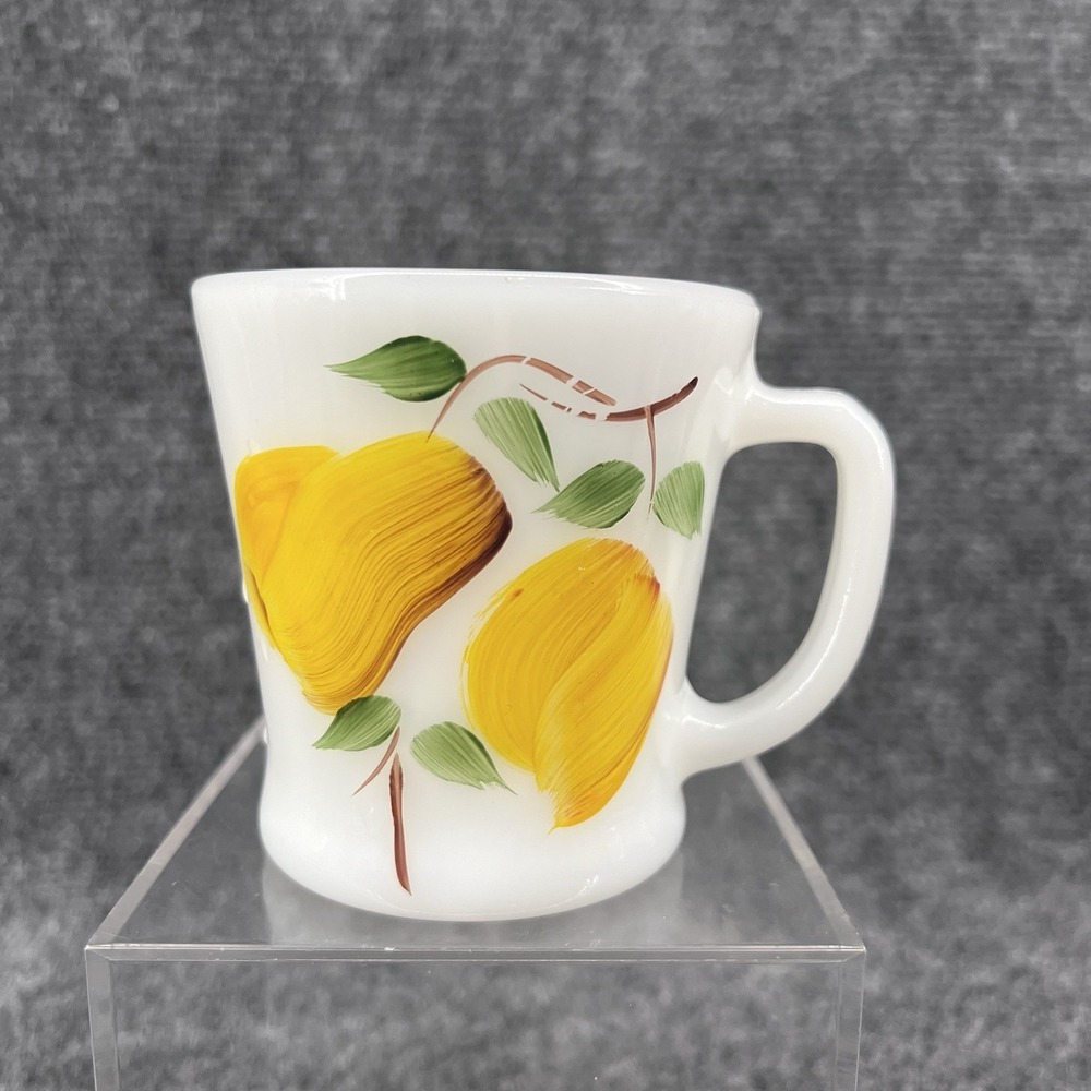 Vintage Anchor Hocking Fire King Fruit Milk Glass D Handle Mug Peach Pear 3.5"